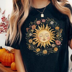 Boho Spiritual Sun T-Shirt | Celestial Floral Hippie Tee